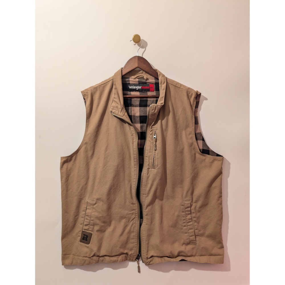 Wrangler Riggs Workwear Vest Mens XXL Tan Plaid Lined Canvas Rugged Utility